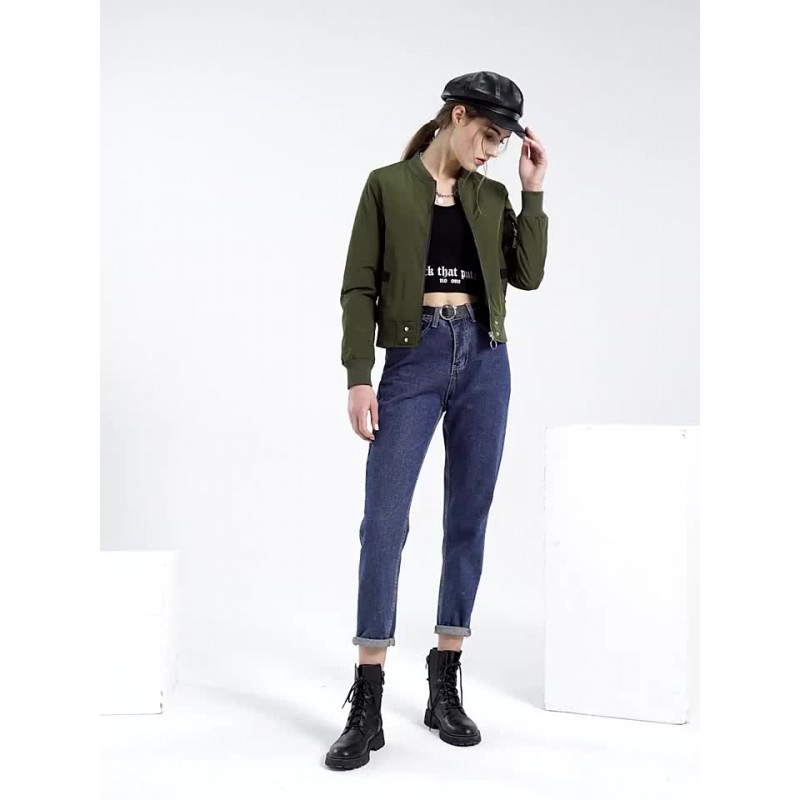 Women Bomber Jacket Baseball Jacket Hunter Green Solid Color Stand Collar Zipper Cotton Filled Street Outerwear Casual Spring Fall Winter Street Wear Field