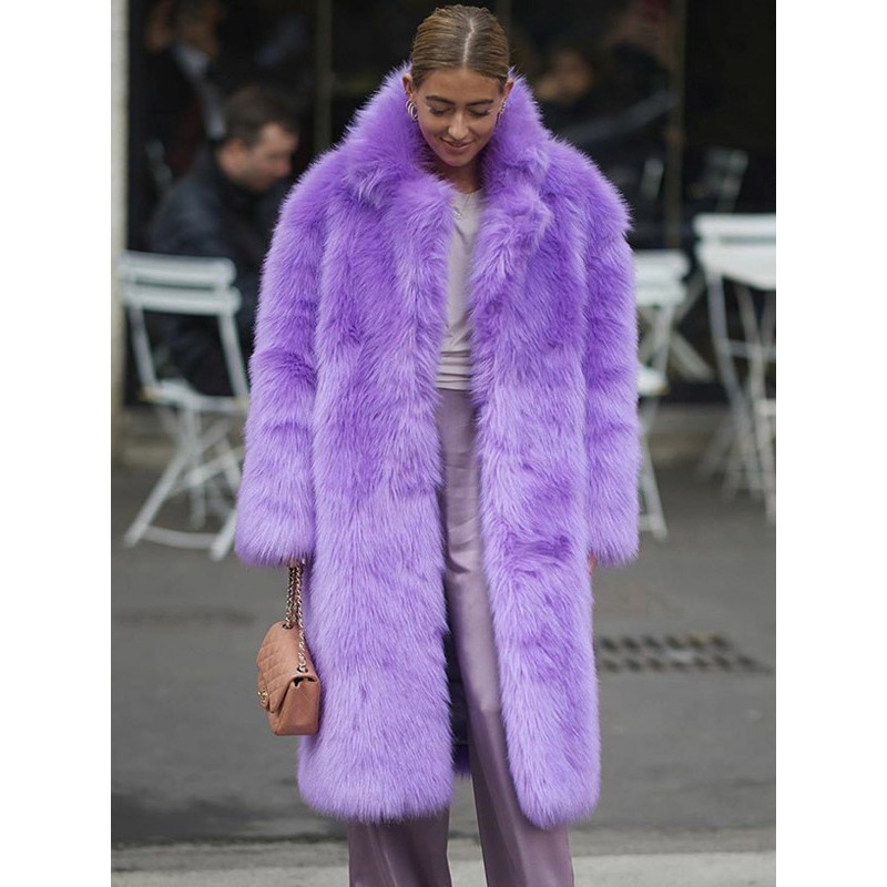 Faux Fur Coats Long Sleeves Casual Oversized Turndown Collar Purple Women Coat Faux Fur Coat Fall Winter