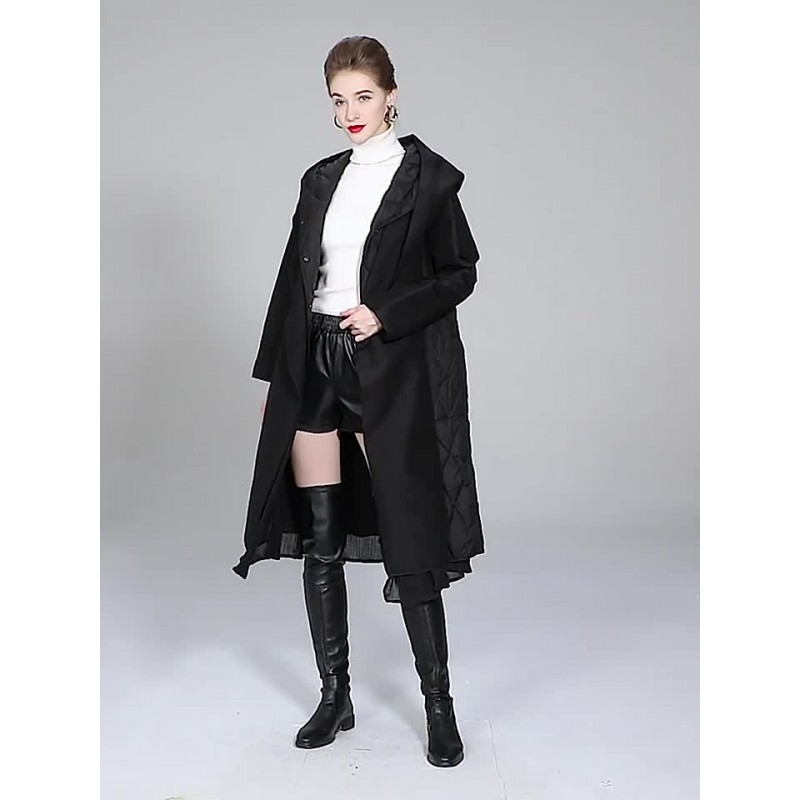 Black Down Coat Hooded Belted Long Outerwear For Women Classic  Traditional Casual Fall Winter