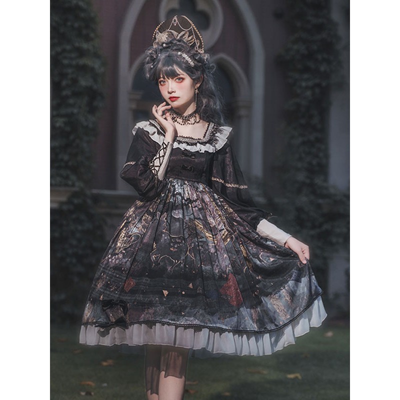 Gothic Lolita Dresses Bows Ruffles Floral Print Black