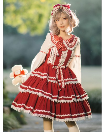 Lolita JSK Dress Sleeveless Lace Bowknot Red Lolita Jumper Skirt Sweet Spring Daily Casual