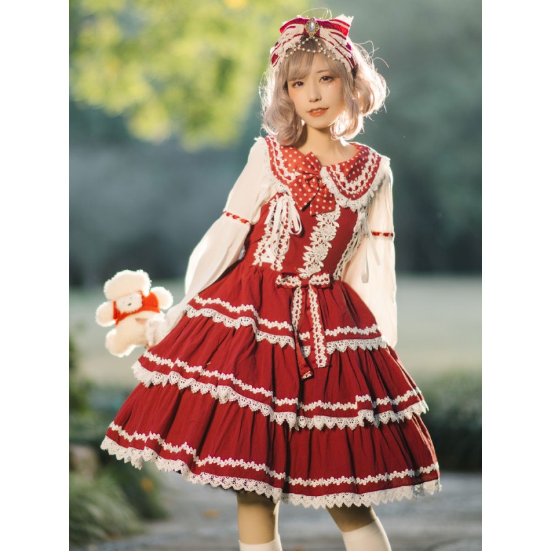 Lolita JSK Dress Sleeveless Lace Bowknot Red Lolita Jumper Skirt Sweet Spring Daily Casual