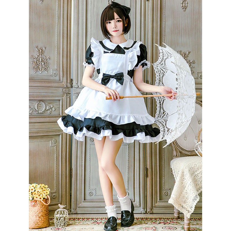 Lolita Outfit Lace Ruffle Bow Lolita One Piece Dress With Apron Sets Maid Tea Party