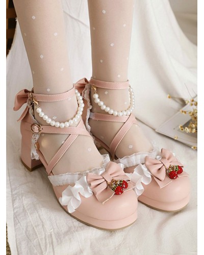 Sweet Lolita Sandals Bows Round Toe Chunky Heel PU Leather Pink Lolita Summer Ankle Strap Heels