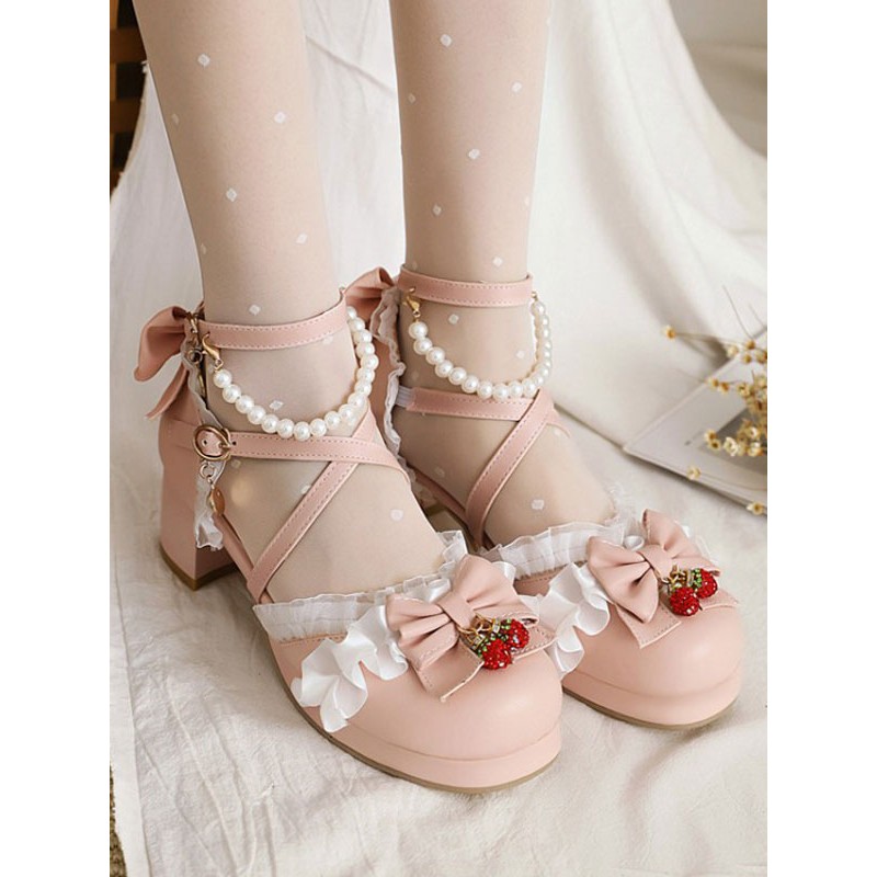 Sweet Lolita Sandals Bows Round Toe Chunky Heel PU Leather Pink Lolita Summer Ankle Strap Heels