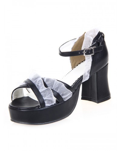 Black 3'' Chunky Heel Platform Buckle Lolita Sandals