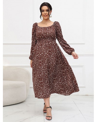 Women Plus Size Dress Square Neck Floral Lantern Sleeves Dresses Casual Fall Winter