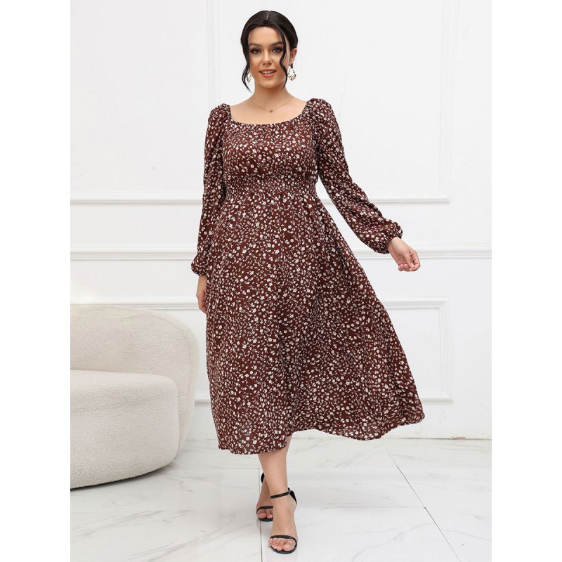 Women Plus Size Dress Square Neck Floral Lantern Sleeves Dresses Casual Fall Winter