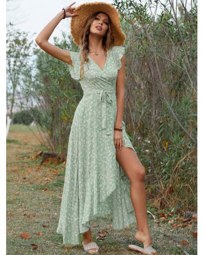 Women Maxi Dress V-Neck Short Sleeves Printed Floor Length Dress Bohemian Summer