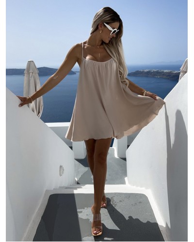 Dress Straps Neck Pleated Backless Ecru White Mini Length Beach Dress Summer Street Wear Daily Casual Resort Wear