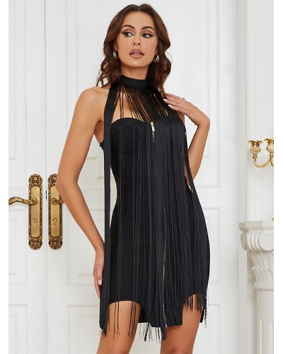 Dresses Black Jewel Neck Fringe Sleeveless Layered Semi Formal Dress Summer Party