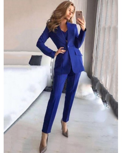 Women Two Piece Sets Blue V-Neck Buttons Classic Long Sleeves Blazer Straight Pants Suits Outfit Classic  Traditional Fall