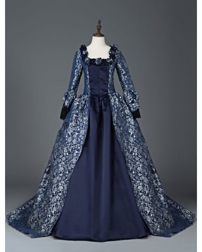 Women Victorian Dress Costume 's Marie Antoinette Dark Navy Ball Gown Floral Print Square Neckline Long Sleeves Victorian Era Style Vintage Dress Halloween Sets Victorian Era