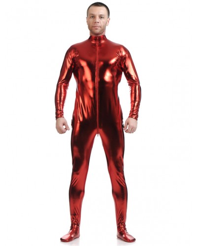 Men Wine Red Adults Bodysuit Shiny Metallic Catsuit For Solid