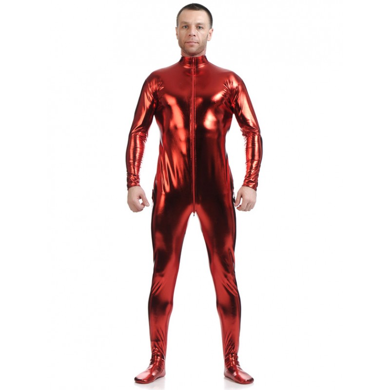 Men Wine Red Adults Bodysuit Shiny Metallic Catsuit For Solid