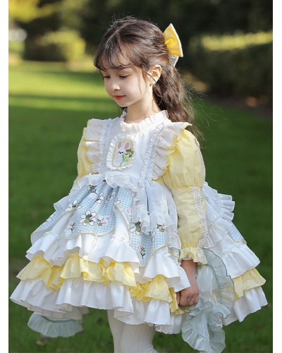 Polyester Daily Casual Lace Long Sleeves Cotton Spring Dress Floral Print Beige Kids' Lolita Dresses Sweet ROCOCO