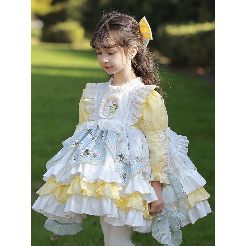 Polyester Daily Casual Lace Long Sleeves Cotton Spring Dress Floral Print Beige Kids' Lolita Dresses Sweet ROCOCO