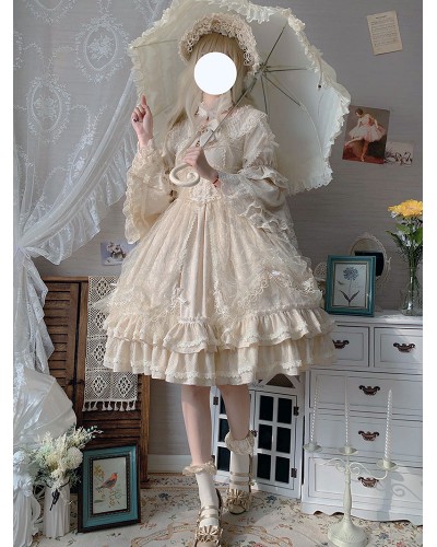 Classic Lolita OP Dress Light Apricot 3/4-Length Sleeve Pleated Lace Ruffles Tea Party Lolita One Piece Dress