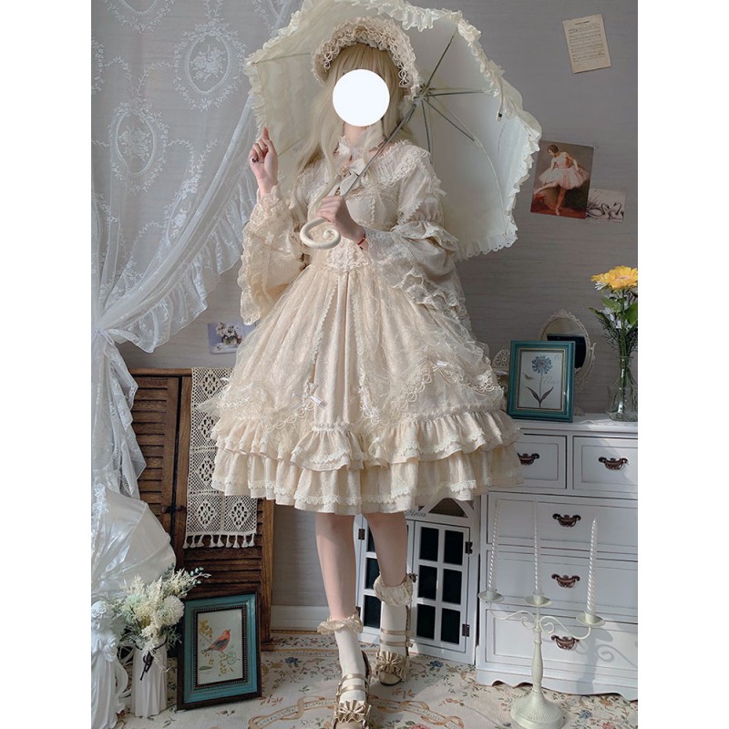 Classic Lolita OP Dress Light Apricot 3/4-Length Sleeve Pleated Lace Ruffles Tea Party Lolita One Piece Dress