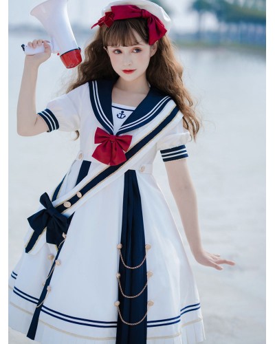 Sweet Lolita OP Dress Polyester Short Sleeves Bows Navy Blue Lolita One Piece Dress