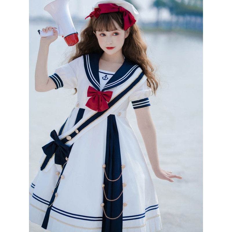 Sweet Lolita OP Dress Polyester Short Sleeves Bows Navy Blue Lolita One Piece Dress