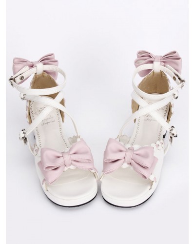 Sweet White Lolita Sandals Square Heels Ankle Straps Pink Bows Lovely Halloween