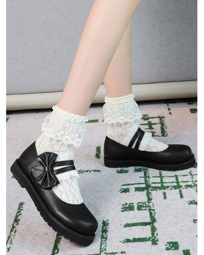 Sweet Lolita Footwear Black Ruffles Bows Leather Flat Lolita Shoes Daily Casual