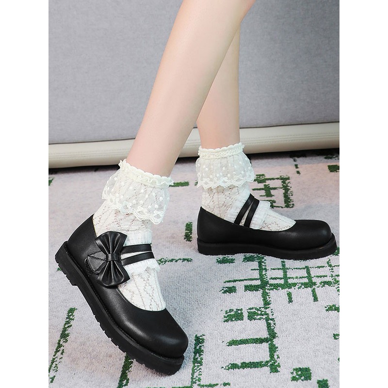 Sweet Lolita Footwear Black Ruffles Bows Leather Flat Lolita Shoes Daily Casual