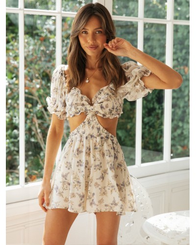 Floral Mini Dresses Backless Cut Out V-Neck Short Sleeves Backless Sexy Extra Short Dress Summer Dating Resort Wear