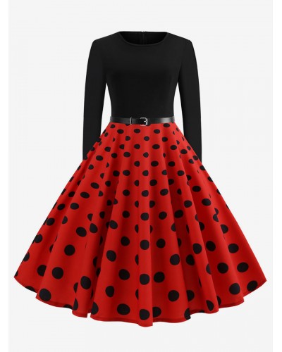 Women Red Polka Dot Dress 1950S Long Sleeves Round Neck Rockabilly Dresses Swing Retro Dress Vintage Daily Casual