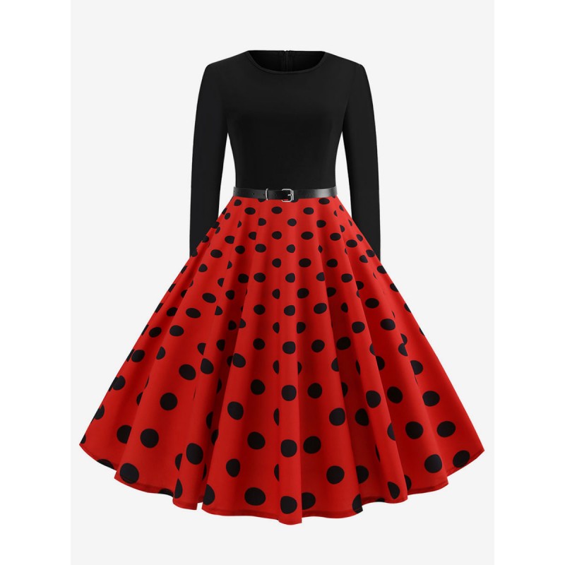 Women Red Polka Dot Dress 1950S Long Sleeves Round Neck Rockabilly Dresses Swing Retro Dress Vintage Daily Casual