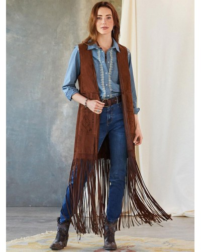 Long Vest Jacket Fringe Sleeveless Outerwear For Women Casual Bohemian