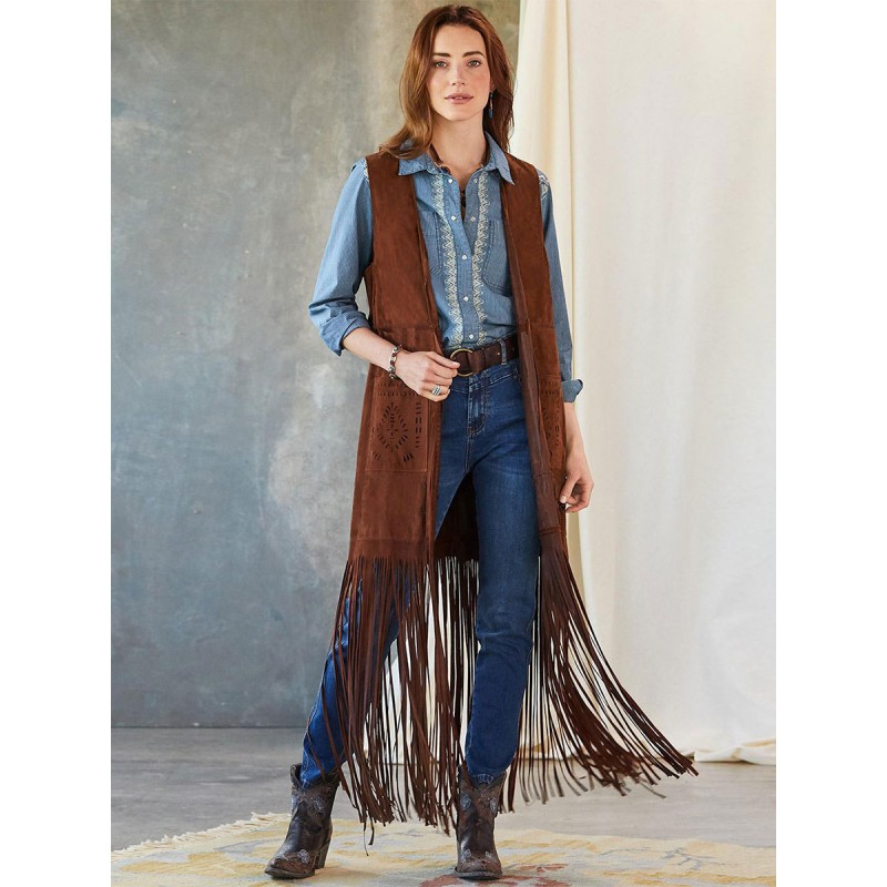 Long Vest Jacket Fringe Sleeveless Outerwear For Women Casual Bohemian